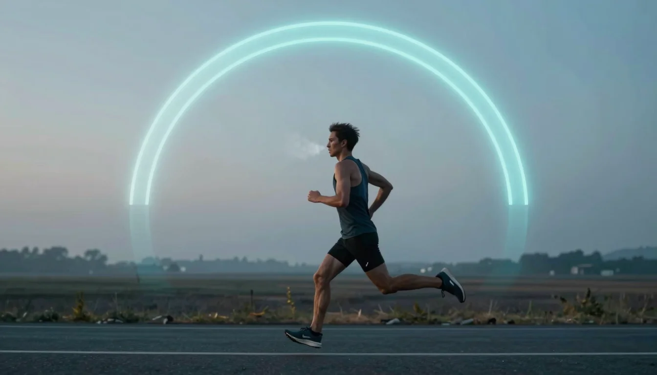 Runner at dawn on an empty road, with an incomplete glowing arc overhead representing a readiness score