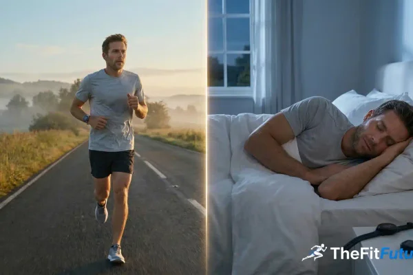 Läufer mit Garmin-Smartwatch beim Morgenlauf im Sonnenaufgang – Schlaf und Training im Wechselspiel