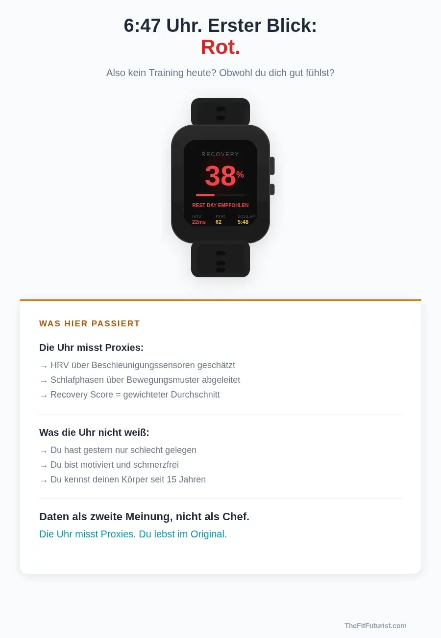 Infografik: Smartwatch zeigt roten Recovery Score von 38 Prozent – daneben die Erklärung, warum die Uhr Proxies misst und dein Körpergefühl oft zuverlässiger ist