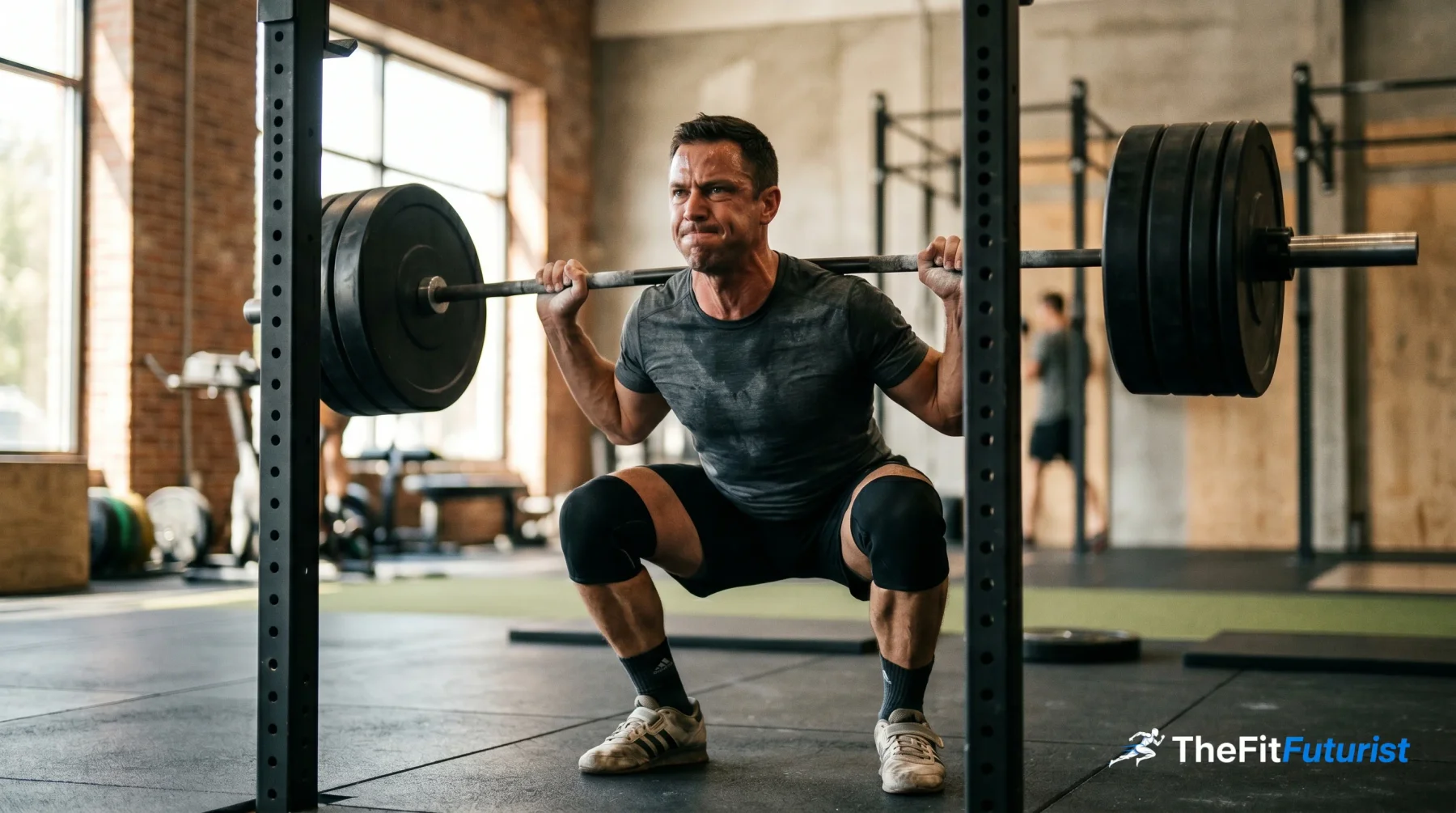 Focused athlete mid-set with a barbell during a strength workout