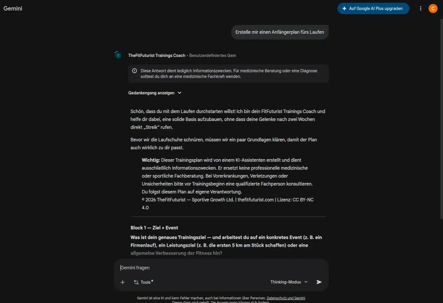 TheFitFuturist Trainings Coach Gem — Erster Chat: Gem antwortet auf Anfängerplan fürs Laufen