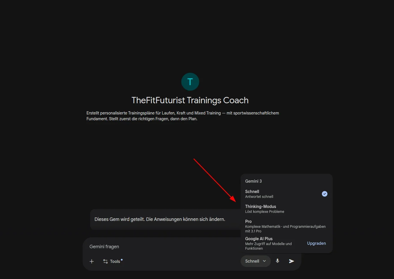 TheFitFuturist Trainings Coach Gem — Modellauswahl mit Gemini Pro und Thinking-Modus