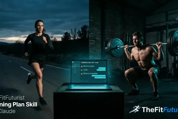Claude Trainingsplan Skill – Läuferin und Kraftathlet mit KI-Trainingsplan auf dem Laptop