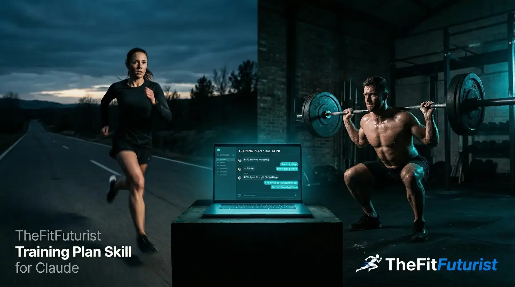 Claude Trainingsplan Skill – Läuferin und Kraftathlet mit KI-Trainingsplan auf dem Laptop