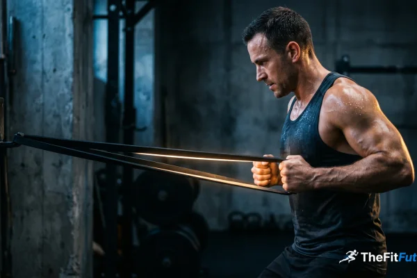 Athlet beim Widerstandsband-Zug im Gym — symbolisch für Echtzeit-Sensor-Feedback beim Krafttraining 