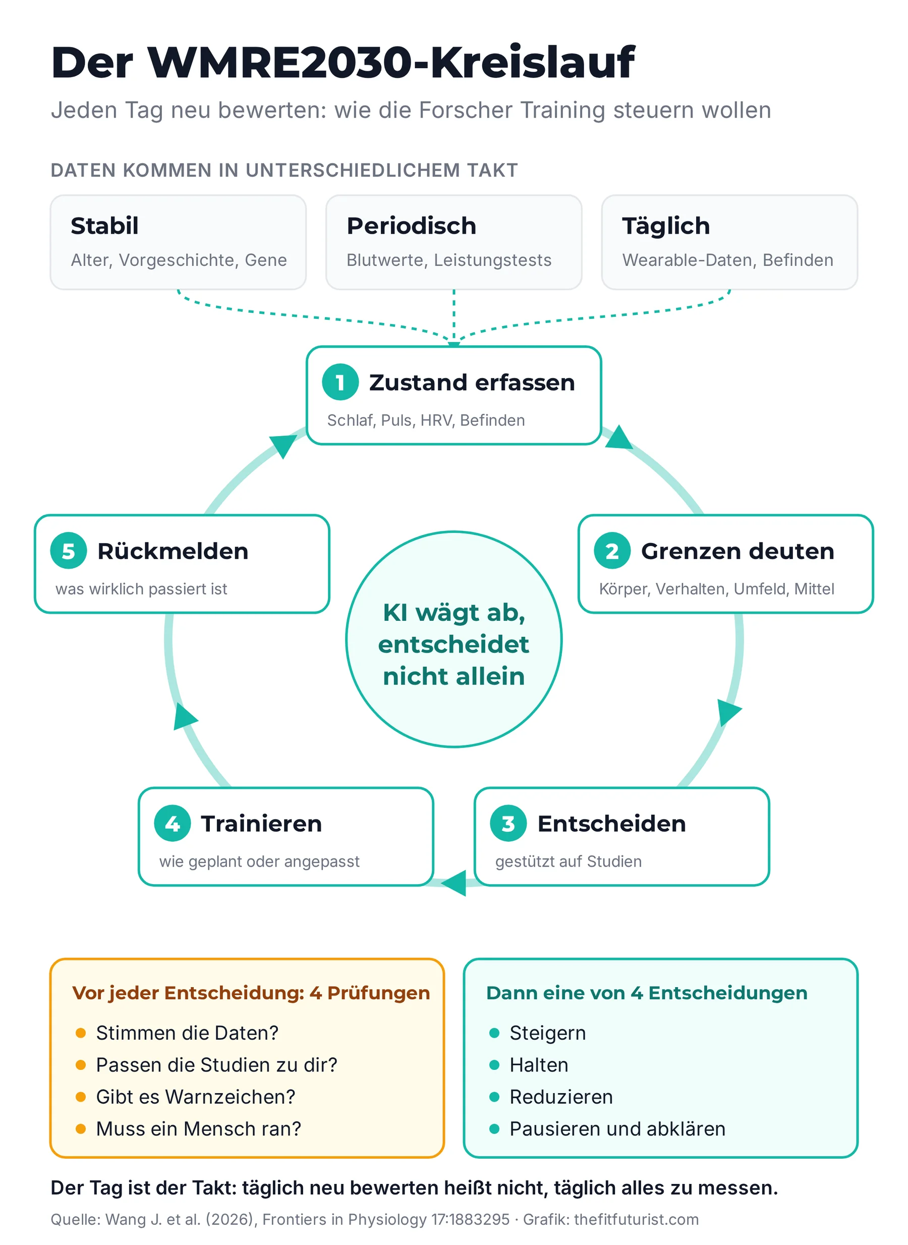 Infografik zum WMRE2030-Kreislauf: Daten in drei Takten fließen in fünf Schritte (Zustand erfassen, Grenzen deuten, Entscheiden, Trainieren, Rückmelden), davor vier Sicherheitsprüfungen, danach eine von vier Entscheidungen