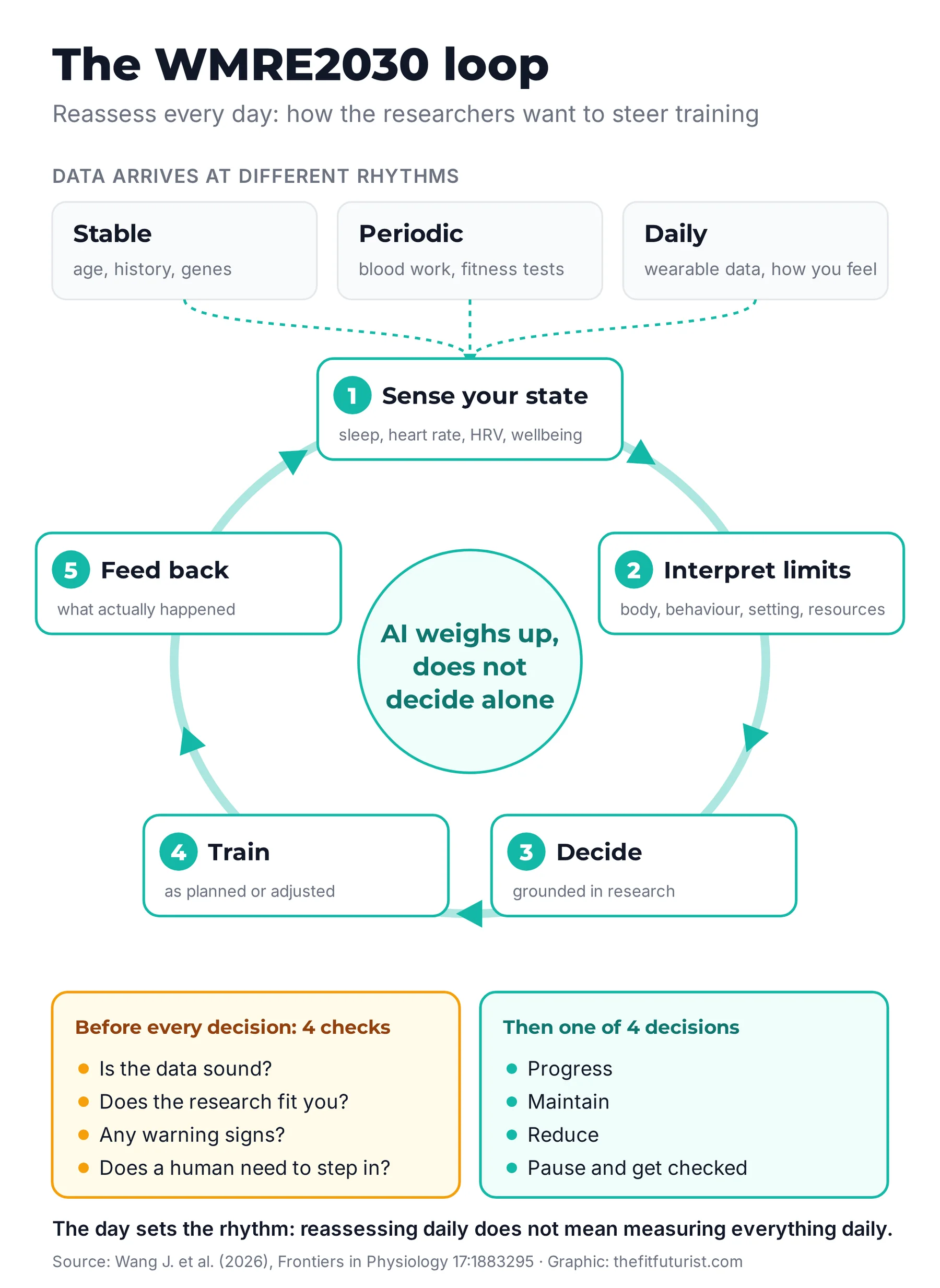 Infographic of the WMRE2030 loop: data at three rhythms feeds five steps (sense your state, interpret limits, decide, train, feed back), preceded by four safety checks and followed by one of four decisions